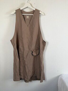 Blue Fish Clothing Linen Jumper Dress Taupe V-Neck Pocket Boho Sleeveless USA